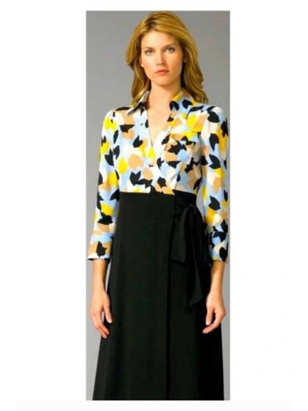 Diane von Furstenberg Brea Wrap Dress Black and Multicolor Tulip Print Size 4